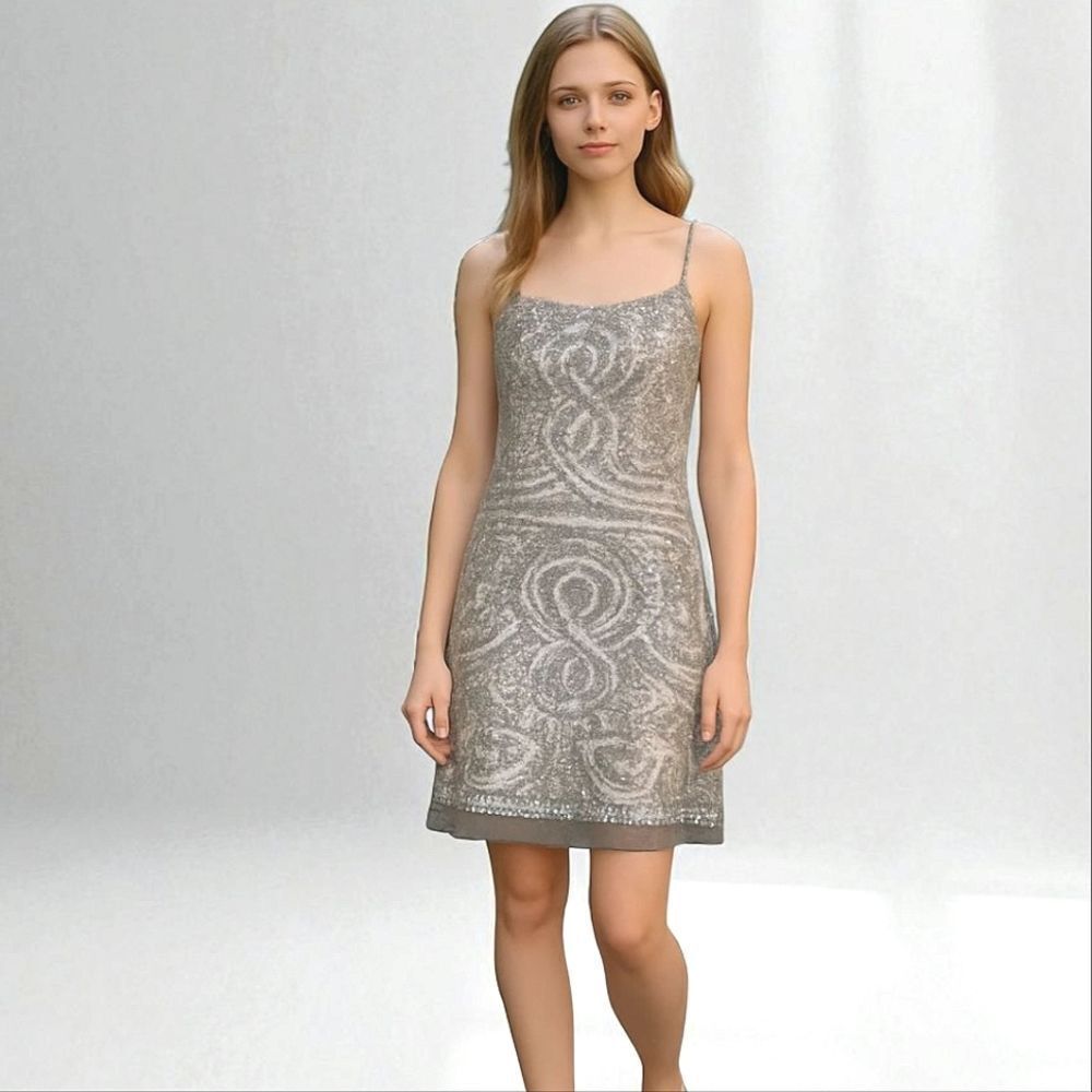 BCBGMaxAzria Silver Grey 100% Silk Sequin Sparkle Party Cocktail Slip Dress 12